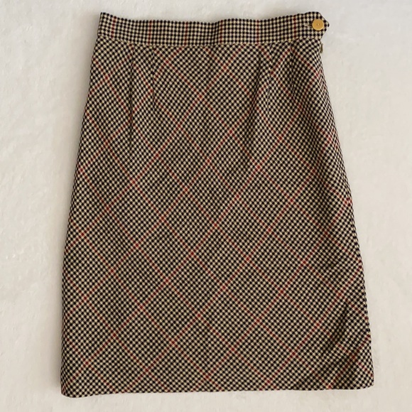 Louis Feraud | Wool Flax Blend Houndstooth Knee Length Skirt Camel/Blue/Red (4) - Picture 16 of 16